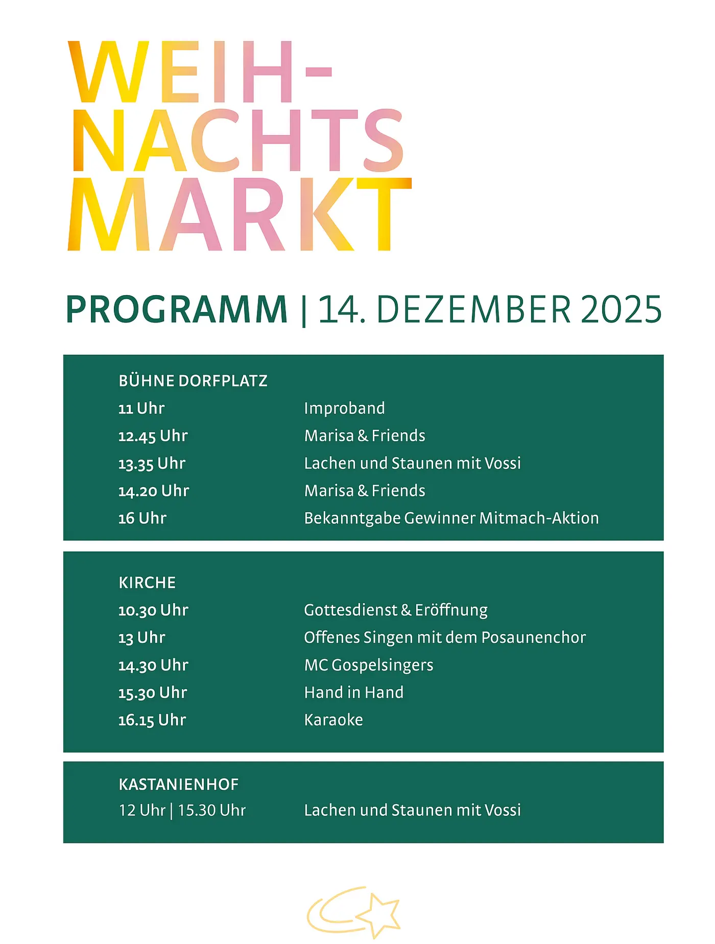 Auf dem Dorfplatz spielt um 11 Uhr die Improband, um 12.45 Uhr und 14.20 Marisa & Friends. Um 13.35 gibt es hier Lachen und Staunen mit Vossi und um 16 Uhr die Bekanntgabe der Gewinner:innen der Mitmachaktion. In der Kirche geht es um 10. mit einem Gottesdienst los. Um 13 Uhr ist hier offenes Singen mit dem Posaunenchor. Um 14.30 treten die MC Gospelsingers und um 15.30 Uhr Hand in Hand auf. Um 16.15 Uhr wird in der Kirche Karaoke angeboten. Auf dem Kastanienhof gibt es um 12 und um 15.30 Uhr Lachen und Staunen mti Vossi.