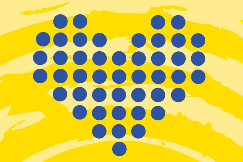 Ein Herz aus blauen Punkten auf gelbem Hintergrund.