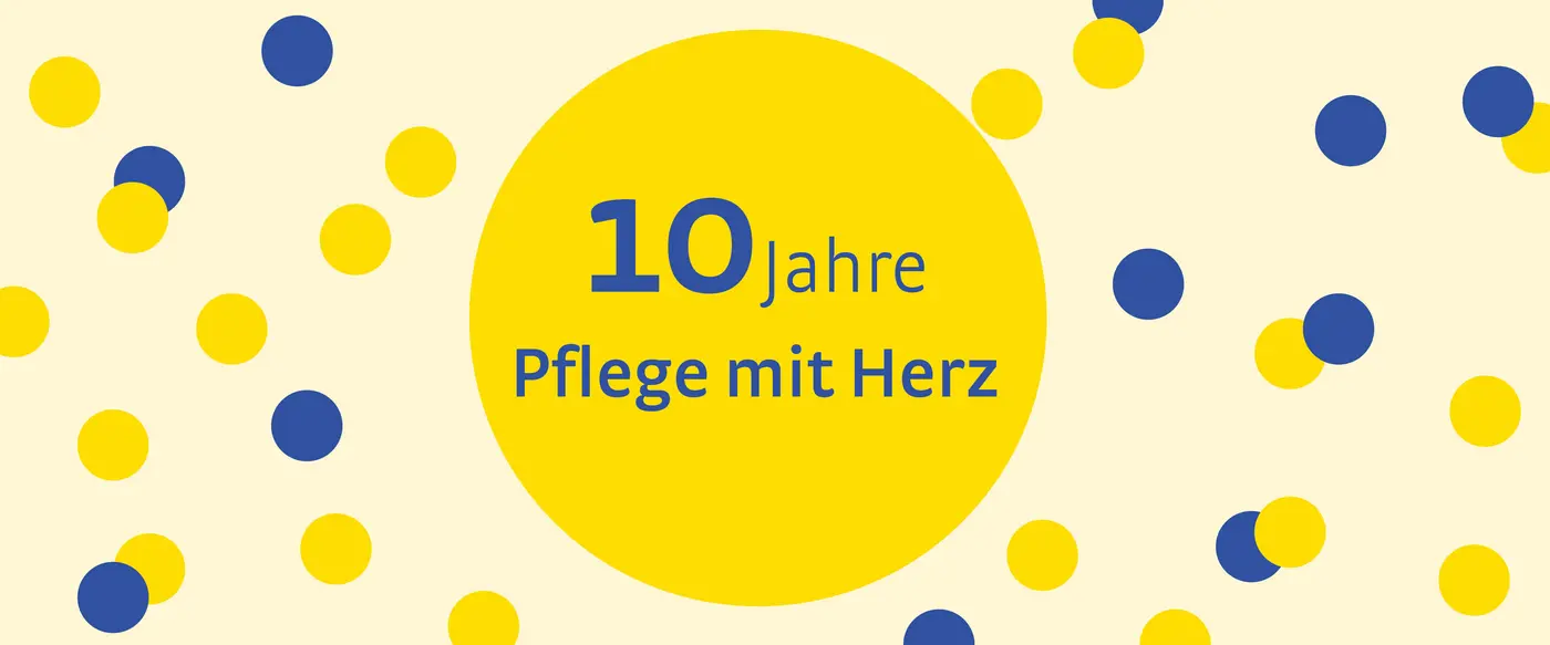 Das Bild zeigt eine Grafik mit Konfetti und dem Schriftzug "10 Jahre Pflege mit Herz".