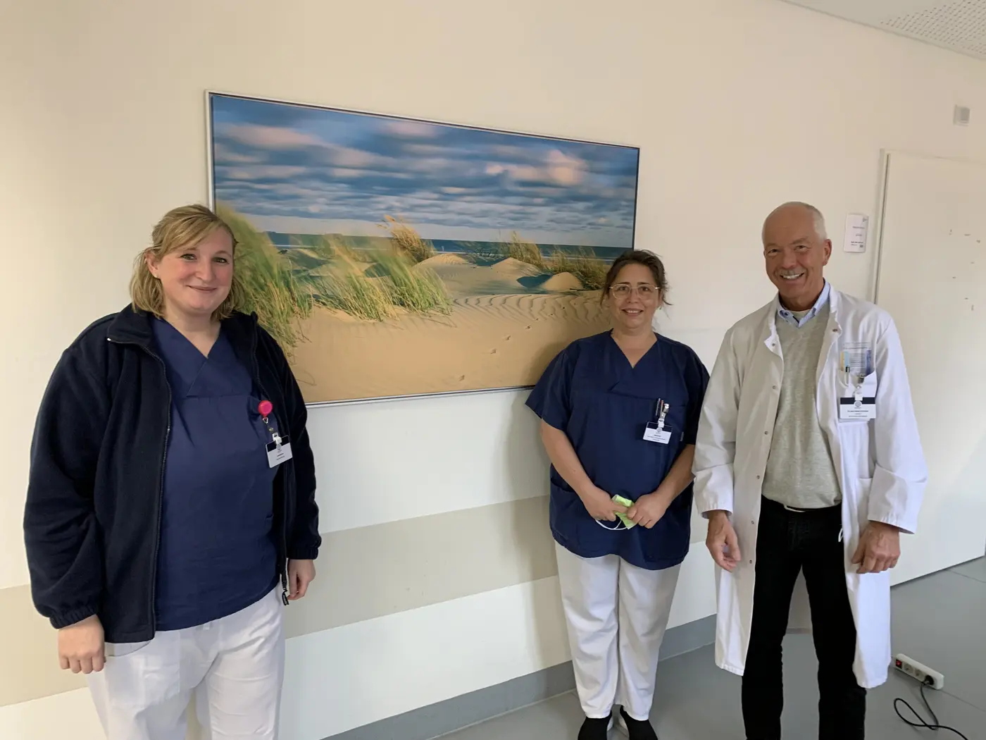 Dr. Prönneke und sein Team vor einem großen Bild, das eine Dünenlandschaft zeigt