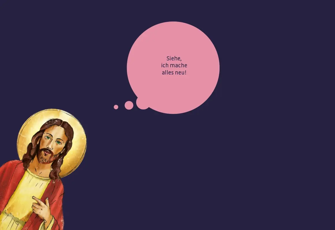 Titel-Bild der neuen Ausgabe der NEB 122: Zeichnung von Jesus mit einer Sprechblase: "Siehe, ich mache alles neu" auf dunkel blauem Hintergrund.